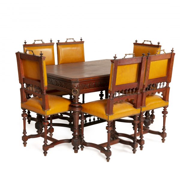 Ancienne table à manger 6 chaises en cuir couleur Fauve